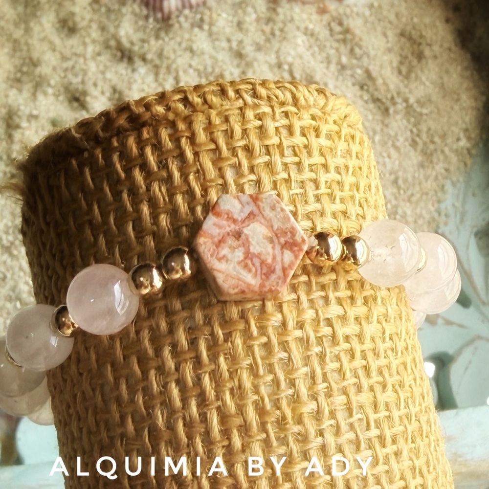 Alquimia Pink Rose Quartz & Gold Accent Hexagon Bracelet with OCEAN 🌊 JASPER